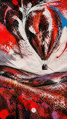 a hot air balloon drifting over rolling flower fields on a sunny day, cheerful, no text