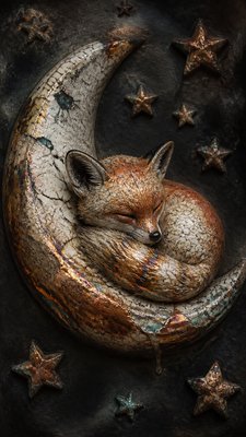 a sleeping baby fox curled on a crescent moon among soft stars, gentle and warm, no text
