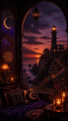 a lone lighthouse on a cliff at dusk under a dramatic sky, no text or lettering