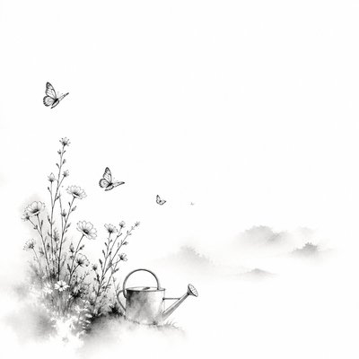 a garden scene with butterflies, flowers and a watering can, clean uncolored line art, no text