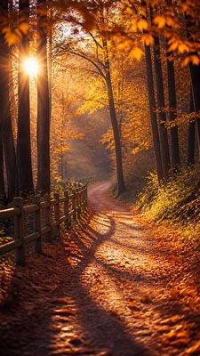 a winding forest path in golden autumn light, no people