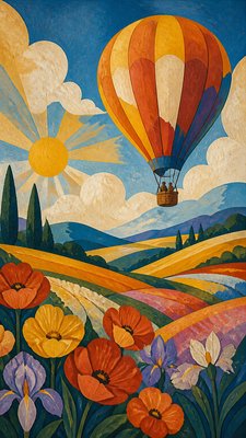 a hot air balloon drifting over rolling flower fields on a sunny day, cheerful, no text