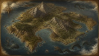 a map of an island realm with mountains, forests, a sheltered bay, sea monsters in the water and a compass rose, no text labels