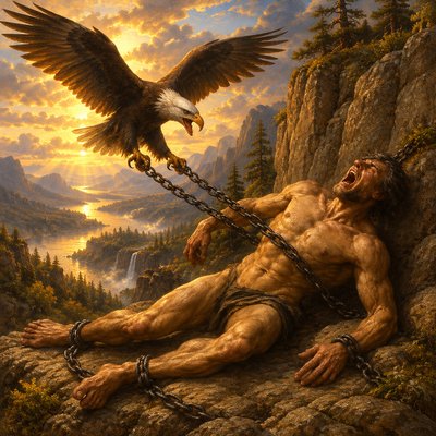 a painting of a man being chained to a bald eagle