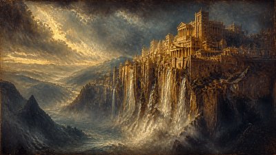 a cliffside city with waterfalls cascading into a misty canyon, wide establishing shot, no people, no text