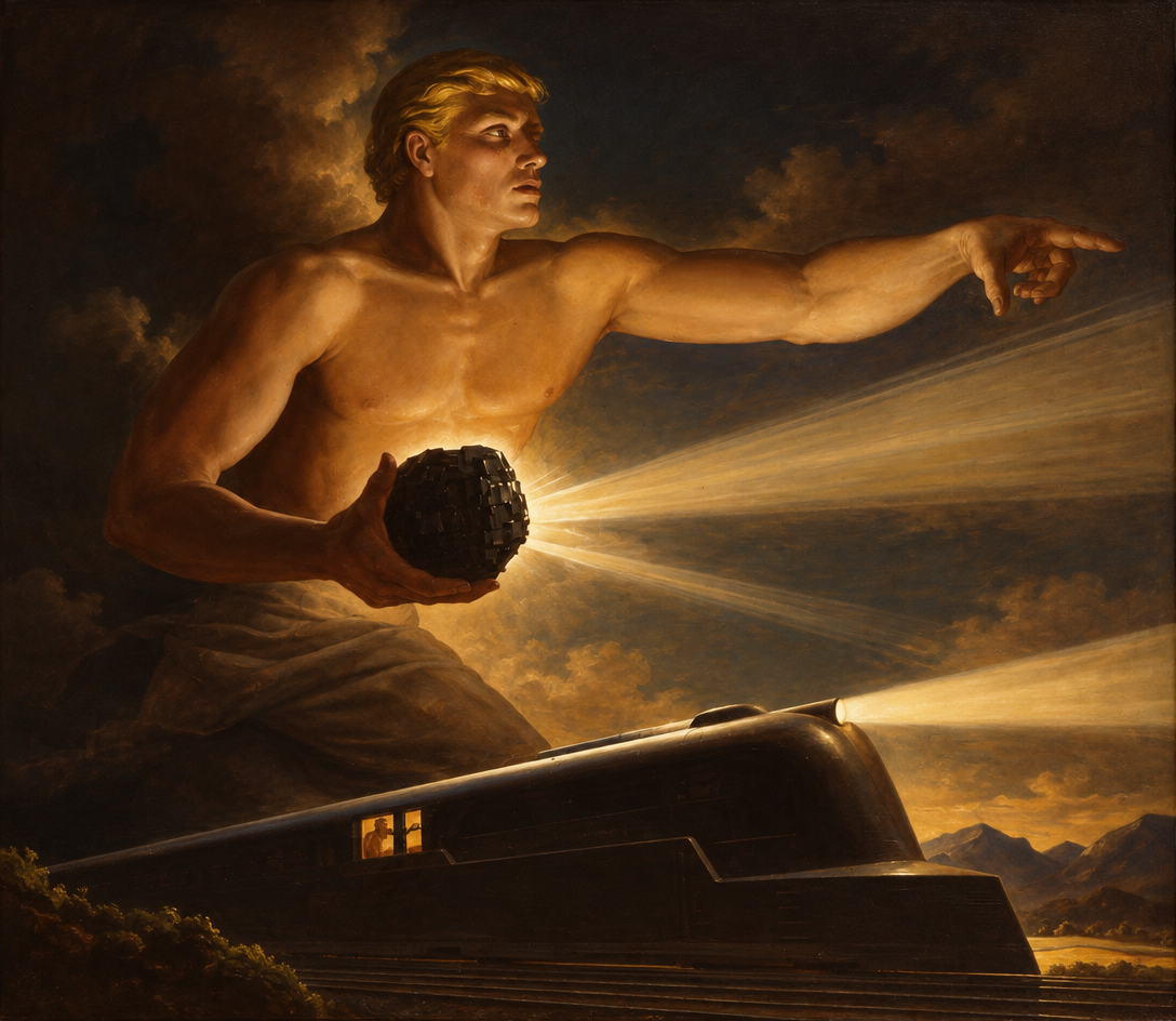 a painting of a man pointing at a train