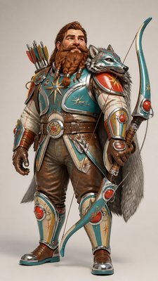 full-body original character: a dwarven ranger with a braided auburn beard, worn leather armor, a longbow and a wolf-pelt cloak, neutral background, no text