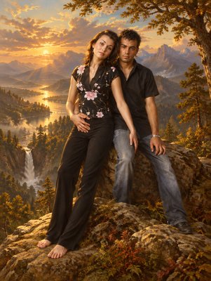 a painting of a man and a woman sitting on a rock