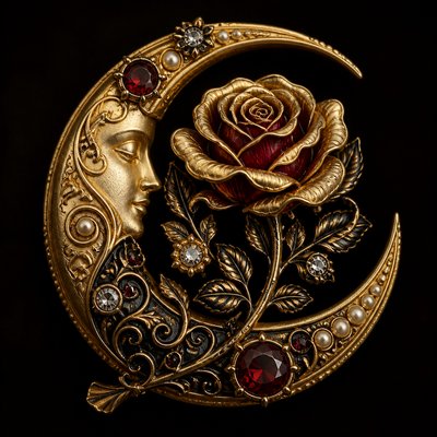 a rose entwined with a crescent moon, clean balanced composition on a plain background, no text