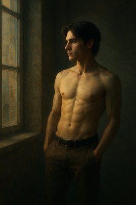 a painting of a shirtless man standing in front of a window