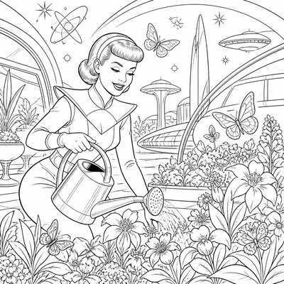 a garden scene with butterflies, flowers and a watering can, clean uncolored line art, no text