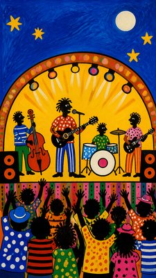 a live music scene with a glowing stage and silhouetted crowd, energetic vertical composition with open space at the top, no text
