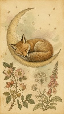 a sleeping baby fox curled on a crescent moon among soft stars, gentle and warm, no text