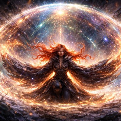 Art Style: Cinematic Fantasy Concept Art with heavy Mystical Sci-Fi elements. High contrast, dynamic motion, and intense glowing particle effects.

The Subject: The same woman with extremely long, fiery red hair that floats weightlessly around her, glowing with internal copper light. Her expression is focused and powerful.

The Transformation Action: She is kneeling on rugged ground with arms outstretched. She is wearing a massive, voluminous cloak woven from dark, iridescent fabric that looks like ancient technology mixed with heavy wool.

    The Expansion: The cloak is actively billowing outwards dramatically in a spiral motion, whipped up by energy.

    Material to Energy: The edges of the heavy fabric are visibly dissolving and transmuting into pure, shimmering energy. This expanding energy forms the massive "force field tent" dome around her.

    The Barrier Appearance: The resulting dome is a semi-transparent field of rippling geometric light patterns (amber, gold, and electric blue), just like the previous description.

The Environment & Threat:

    Outside the Dome: A chaotic dust storm filled with jagged debris and shadowy forms is bombarding the newly formed energy shield.

    Inside the Dome: The area immediately around the woman is calm, lit by the warm, intense glow of her transforming cloak. Where the external threat hits the expanding energy, bright sparks and flares erupt on the surface of the barrier