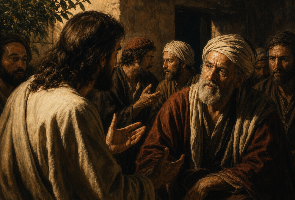 “And one of the scribes came up and heard them disputing with one another, and seeing that he answered them well, asked him, “Which commandment is the most important of all?” Jesus answered, “The most important is, ‘Hear, O Israel: The Lord our God, the Lord is one. And you shall love the Lord your God with all your heart and with all your soul and with all your mind and with all your strength.’ The second is this: ‘You shall love your neighbor as yourself.’ There is no other commandment greater than these.” And the scribe said to him, “You are right, Teacher. You have truly said that he is one, and there is no other besides him. And to love him with all the heart and with all the understanding and with all the strength, and to love one’s neighbor as oneself, is much more than all whole burnt offerings and sacrifices.” And when Jesus saw that he answered wisely, he said to him, “You are not far from the kingdom of God.” Jesus stands among His disciples in a shady patio area outdoors talking to this scribe. His disciples wonder at the exchange. Several of them are also engaged in conversations set around the one Jesus is having. We see Jesus from the left rear quarter, where we can see only the back of His head and the side of his face. His hands are expressing His point. The scribe to whom He speaks has a poignant, thoughtful expression.