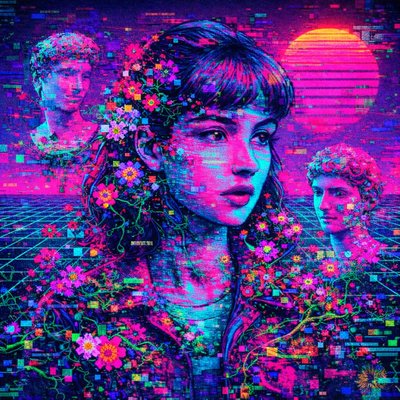 a woman with flowers in her hair standing in front of a computer screen