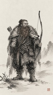 full-body original character: a dwarven ranger with a braided auburn beard, worn leather armor, a longbow and a wolf-pelt cloak, neutral background, no text