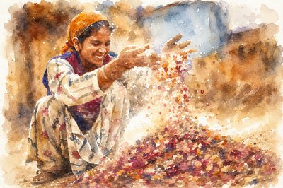a watercolor painting of a woman making a pile of flowers
