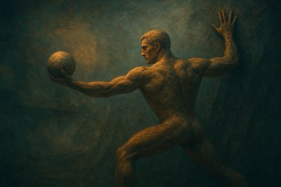 a painting of a man holding a ball