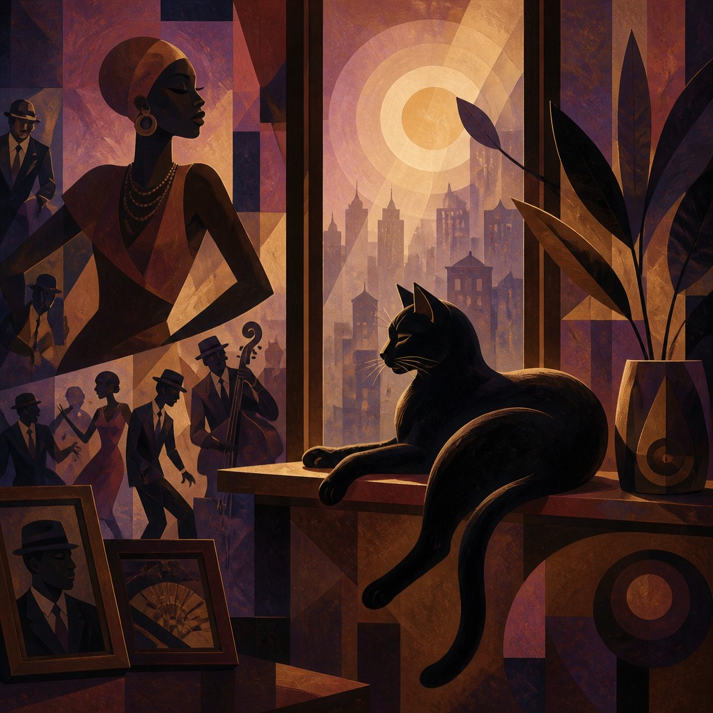 a cat lounging in a sunlit window — Harlem Renaissance Art Style
