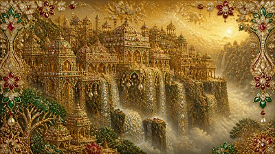 a cliffside city with waterfalls cascading into a misty canyon, wide establishing shot, no people, no text