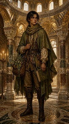 full-body original character: a wandering botanist with a satchel of plants, a patched green cloak, tall boots and round glasses, neutral background