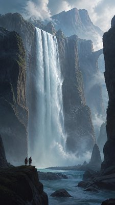 towering waterfall cascading down a cliff