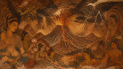 an erupting volcano with lightning strikes, dramatic wide composition, no text