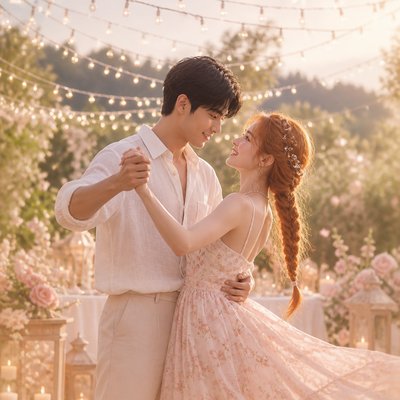 an original couple dancing under string lights in a garden at dusk: a man with short black hair in a linen shirt and a woman with braided red hair in a summer dress
