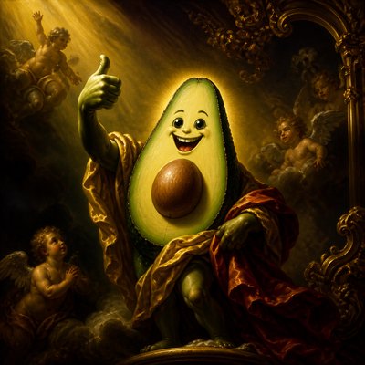 a happy avocado character giving a thumbs up, bold readable design on a plain background, no text