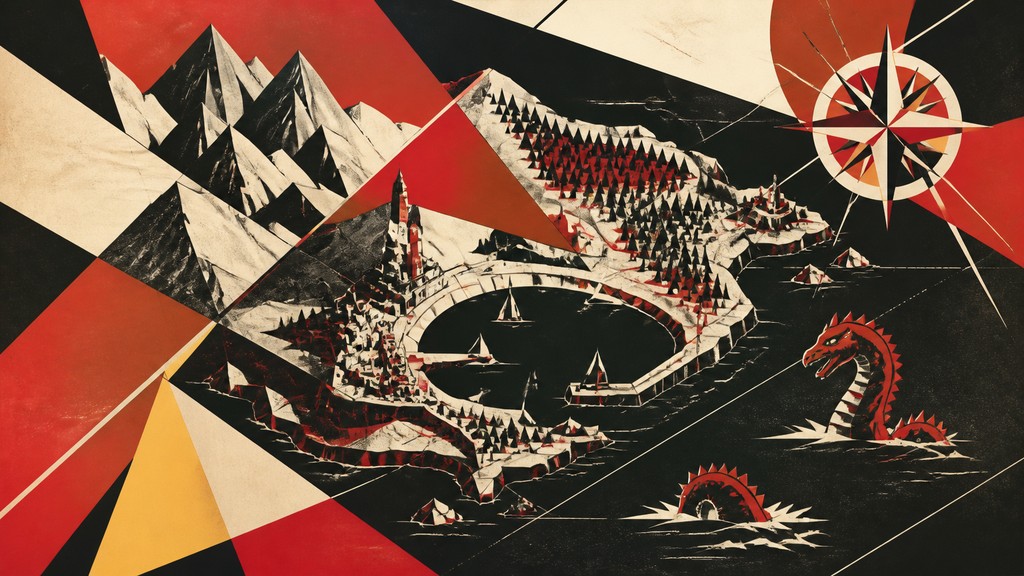 a map of an island realm with mountains, forests, a sheltered bay, sea monsters in the water and a compass rose, no text labels