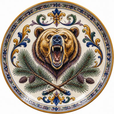 a roaring bear head above crossed pine branches, bold graphic composition on a plain background, no text