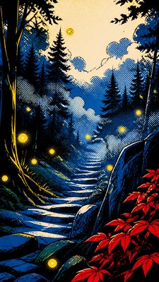 a mysterious forest path with fireflies and drifting mist, atmospheric vertical composition with open space at the top, no text