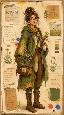 full-body original character: a wandering botanist with a satchel of plants, a patched green cloak, tall boots and round glasses, neutral background