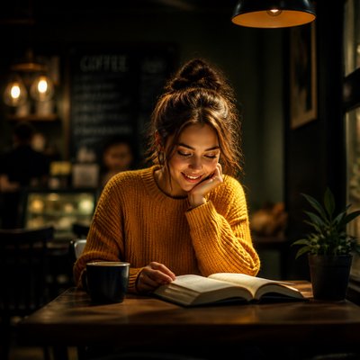 cozy cafe interior with warm lighting