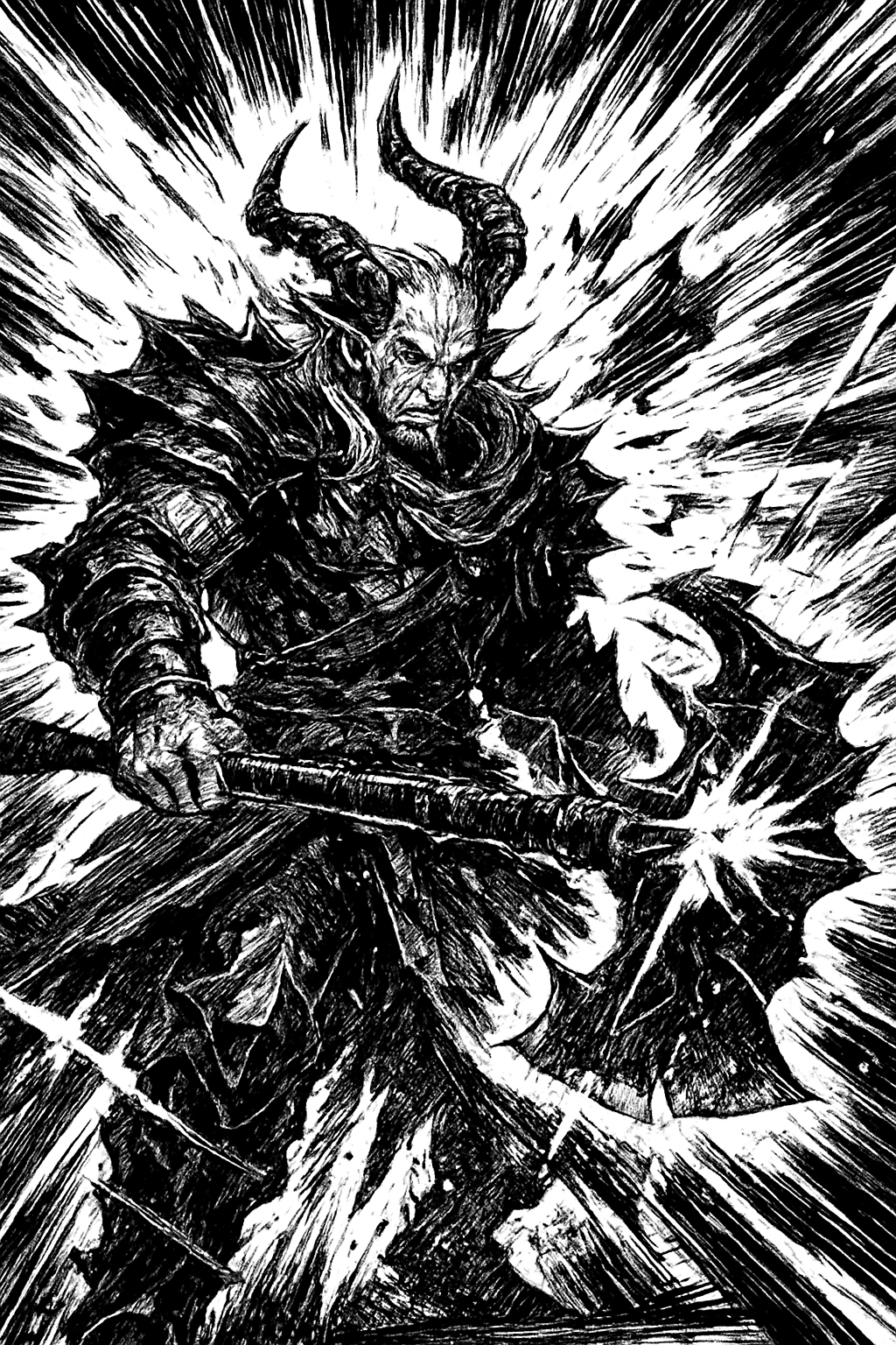 a black and white drawing of a demon holding a sword