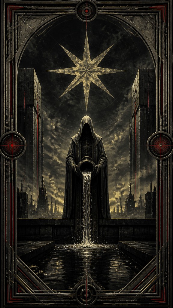 a robed figure pouring water beneath a large eight-pointed star in a night sky, symmetrical composition with an ornate decorative border, no text
