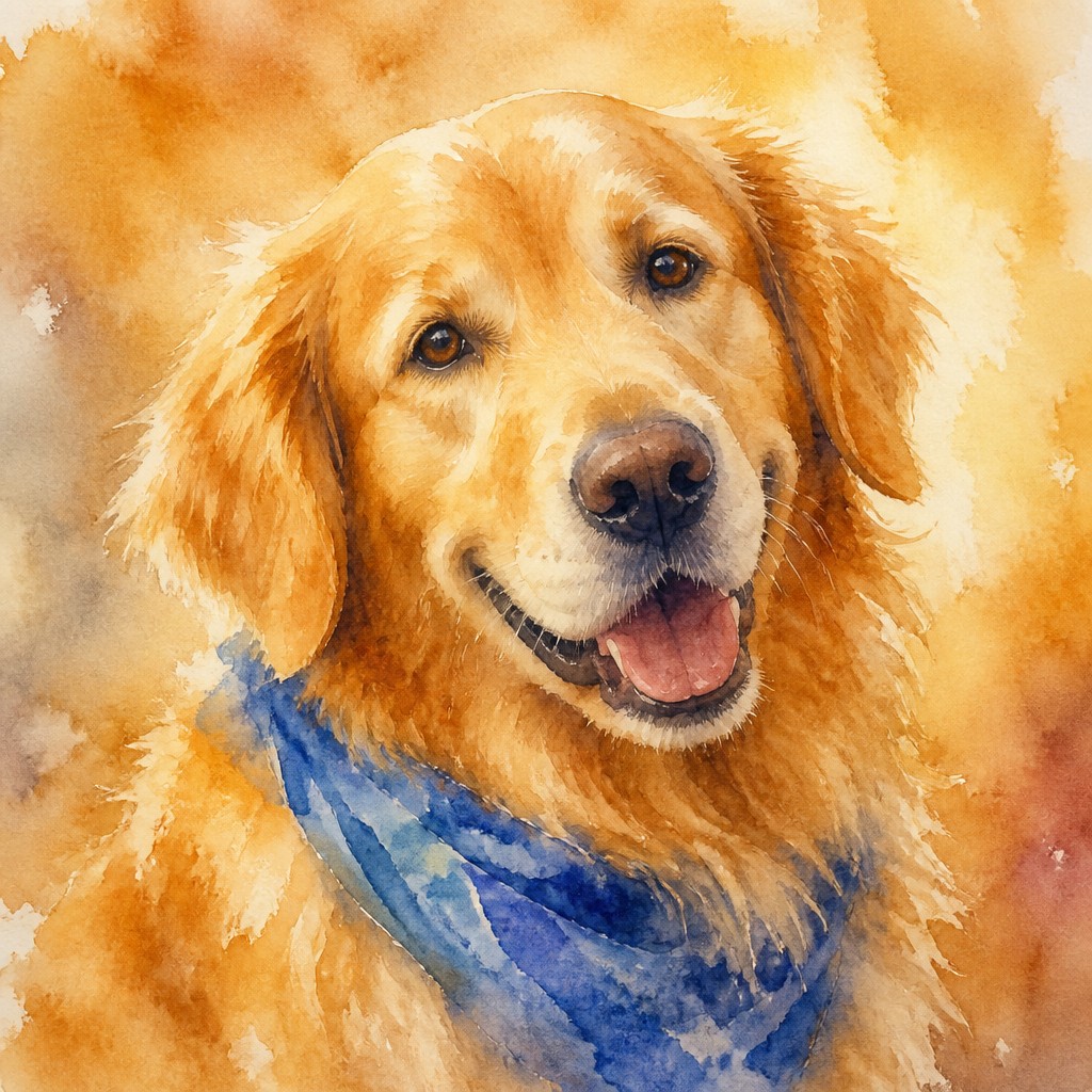 portrait of a golden retriever wearing a blue bandana, warm plain backdrop, no text