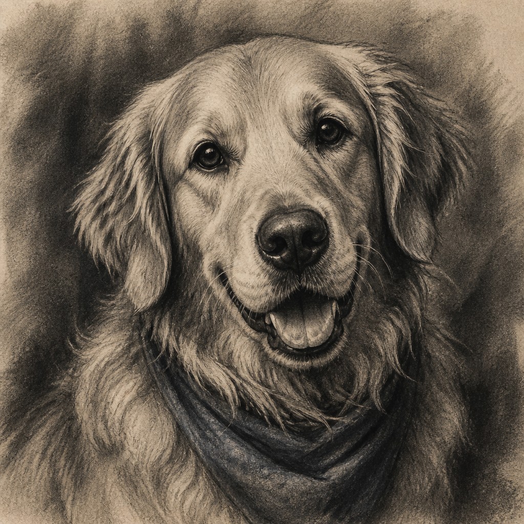 portrait of a golden retriever wearing a blue bandana, warm plain backdrop, no text