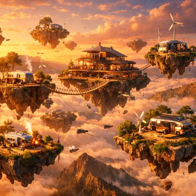 Cinematic Sci-Fi Concept Art, Solarpunk Aesthetic, Epic Landscape, a sprawling "floating RV park" suspended high above a sea of clouds at sunset. Hundreds of individual, distinct floating islands formed from chunks of earth, rock, and overgrown anti-gravity machinery drift in loose clusters.

Each island hosts a unique RV site: retro-futuristic Airstreams with solar wings, converted vintage buses surrounded by gardens, and high-tech campers with pop-out decks are parked on these individual floating platforms. Some islands have small campfires with smoke rising, hammocks strung between trees, and personal wind turbines.

Interconnectivity: The islands are connected by a network of swaying rope bridges, sleek glass walkways, and small personal flying tenders zip between them. In the center is a massive "Lodge Island" with a docking bay and communal buildings.

Environment: Below the clouds, rugged mountain peaks covered in forests are visible. The lighting is warm golden hour light, casting long shadows and highlighting the metallic sheen of the RVs and the lush greenery on the floating rocks. The atmosphere is peaceful, adventurous, and community-focused.