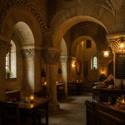 cozy cafe interior with warm lighting