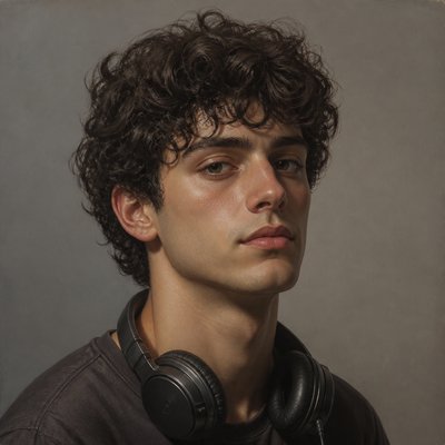 head-and-shoulders portrait of an original character: a young man with curly dark hair and headphones around his neck, plain backdrop, no text