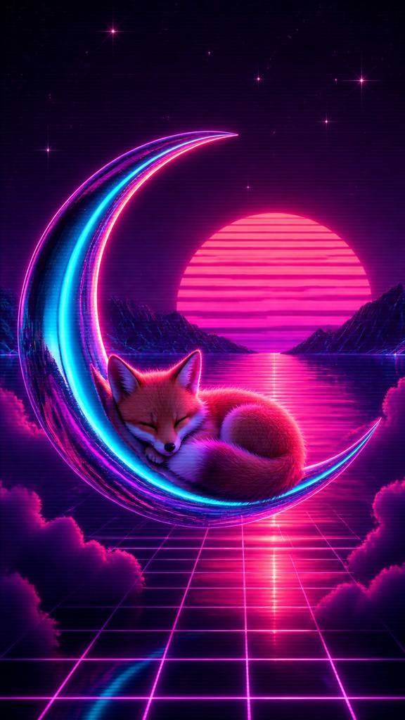 a sleeping baby fox curled on a crescent moon among soft stars, gentle and warm, no text