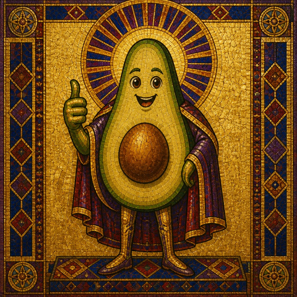 a happy avocado character giving a thumbs up, bold readable design on a plain background, no text