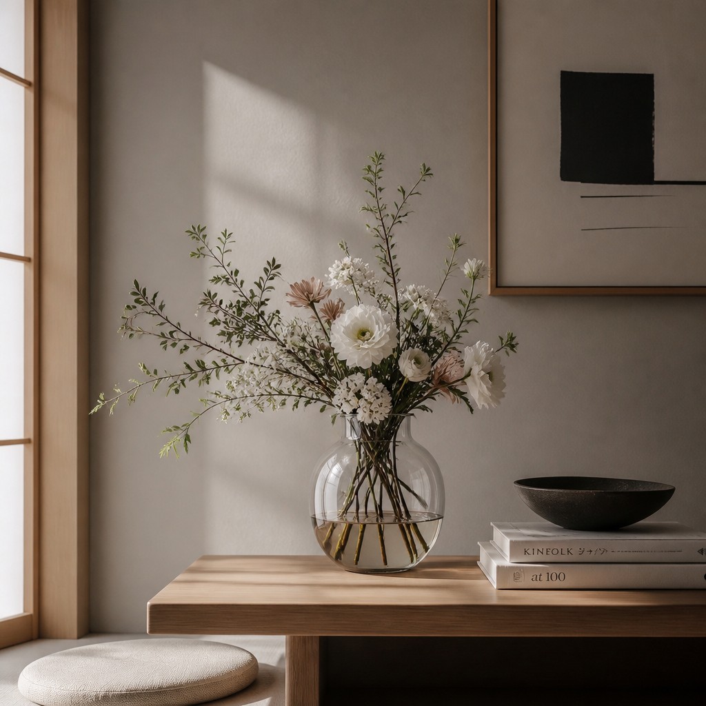 bouquet of flowers in a glass vase — Japandi Aesthetic