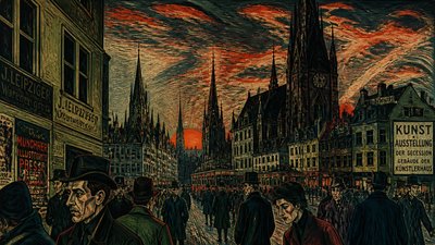 bustling city street panorama at dusk