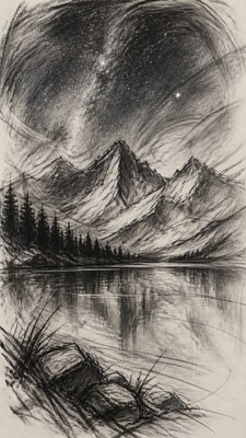 a tranquil mountain lake beneath a starry night sky, no people, no text