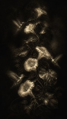 a climbing vine of flowers and hummingbirds on a dark background, tall wrapping composition, no text