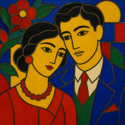 portrait of two people together — Cloisonnism Art Style