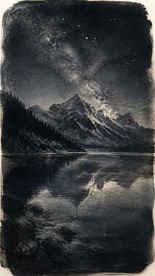 a tranquil mountain lake beneath a starry night sky, no people, no text